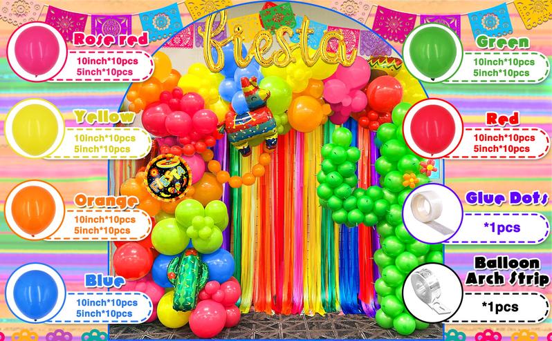 135pcs Fiesta Party Decorations，Mexican Party Decorations, Plastic Papel Picado Banner Cinco de Mayo Decor Day of the Dead Decorations，Fiesta Mexican Party Table Decoration Centerpiece，Taco Llama Cactus Balloons，Paper Streamer for Dia De Los Muertos