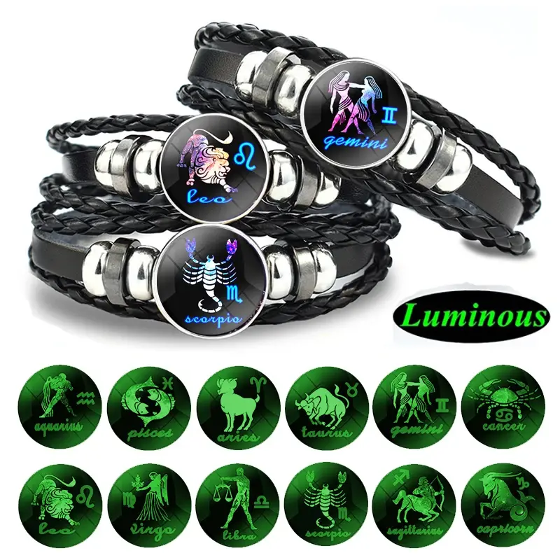 12 Constellation Luminous Leather Bracelet – Glow-in-the-Dark Zodiac Charm Gift for Men & Women