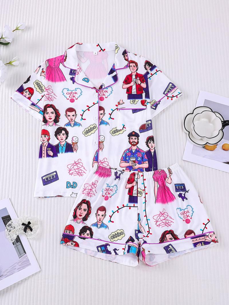 2-Piece 80s Retro Character Print Pajama Set Loungewear - Retro TV Series Themed Short-Sleeve Pants (Button-Up Collar + Elastic Waist) - Suitable for Adults at Home / TV Binge-Watching