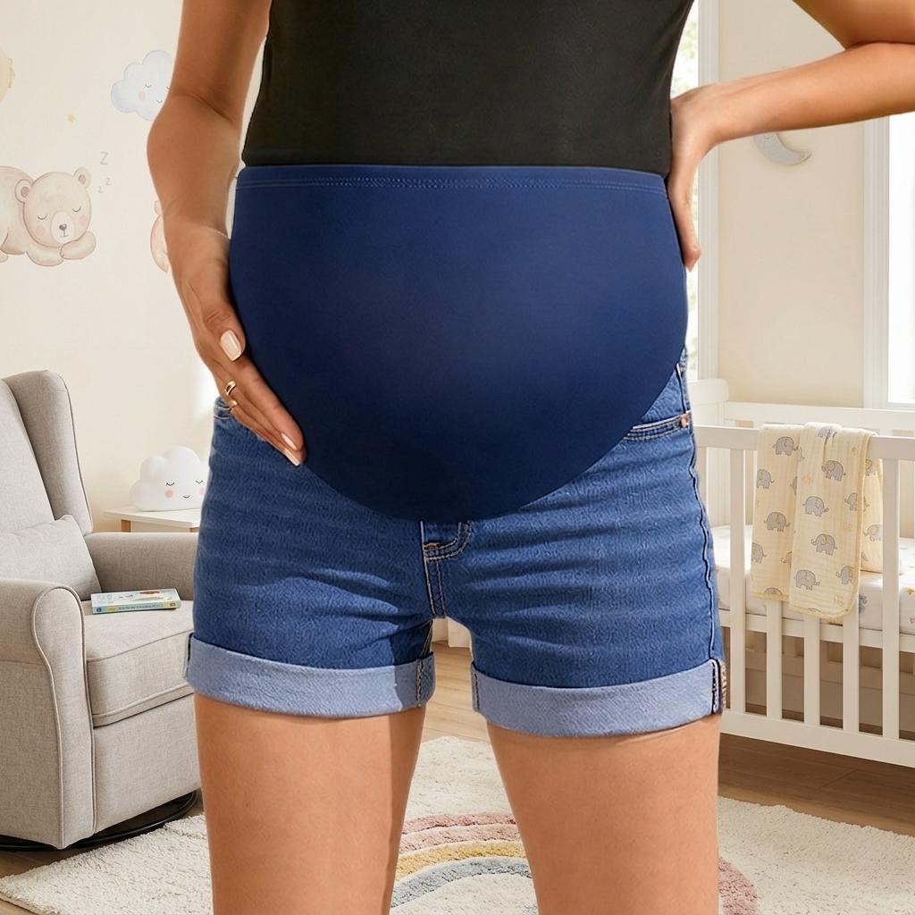 Women's 2-Pack Maternity Denim Shorts Set - Over Belly High Waist, Dark Blue Ripped & Non-Ripped, Soft Stretch Belly Support, Summer Casual Wear for All Trimesters  maternity fashion essentials summeressentials jumpsuit