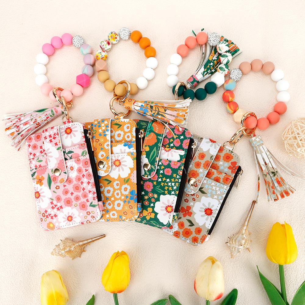 Ladies' Boho Style Beaded Tassel Decoration Keychain with Floral Pattern Wallet,Women's Credit Card Holder,Leather Card Case Keychain Wallet for Women