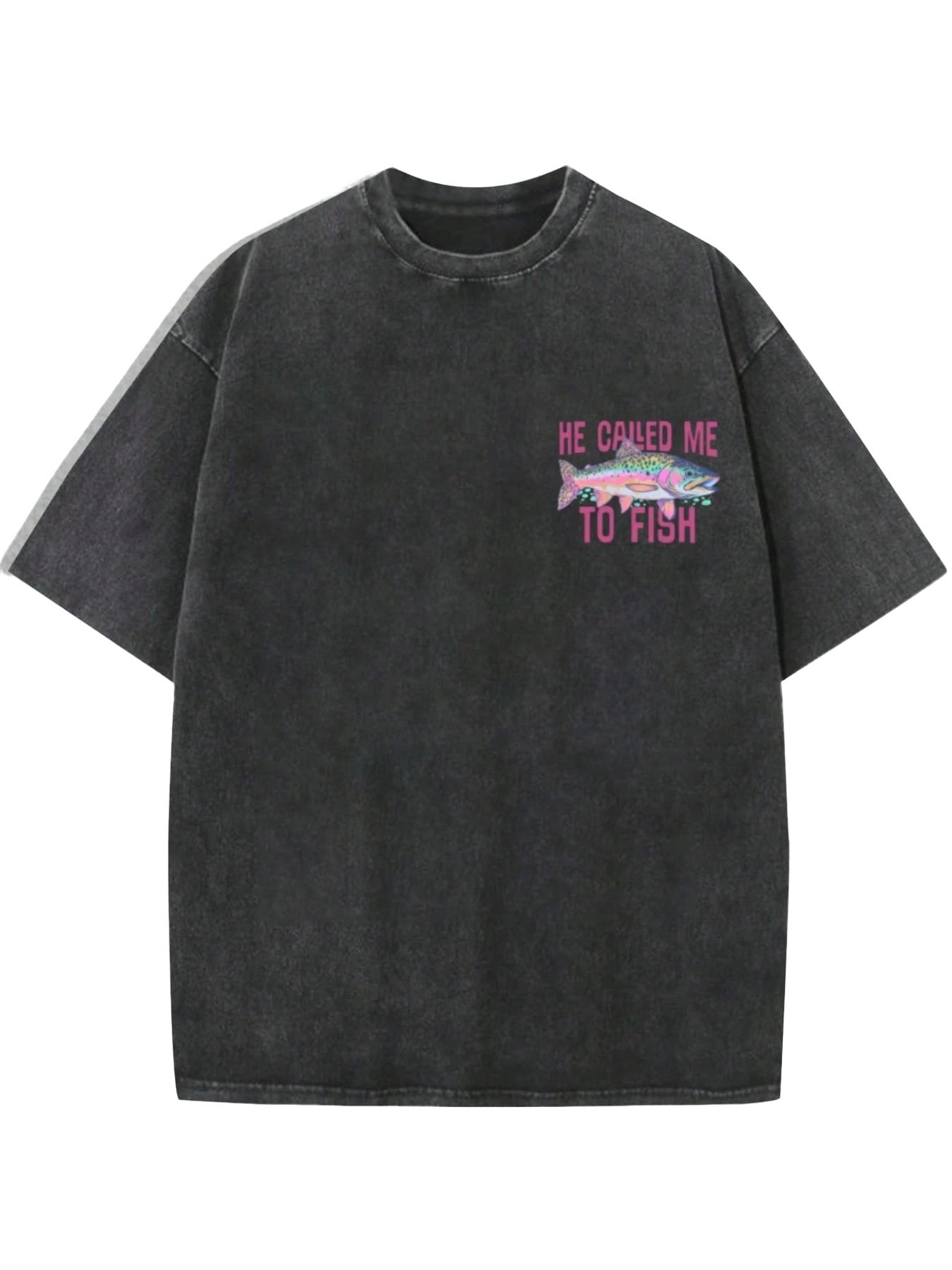 Men's Vintage Washed Trout Fishing Print T-Shirt, Loose-Fit Casual Long Sleeve, Breathable Polyester, Streetwear Style, All Seasons