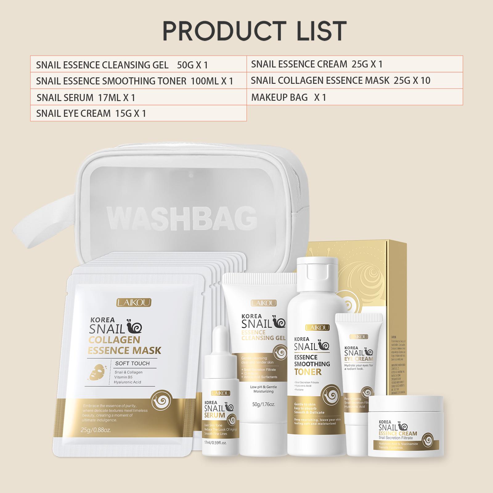 Snail Collagen Skin Care Kit, 1 Set Facial Cleanser, Toner, Serum, Eye Cream, Essence Cream and Mask, Moisturizing Hydrating Hydrate Skin Care Set for Women