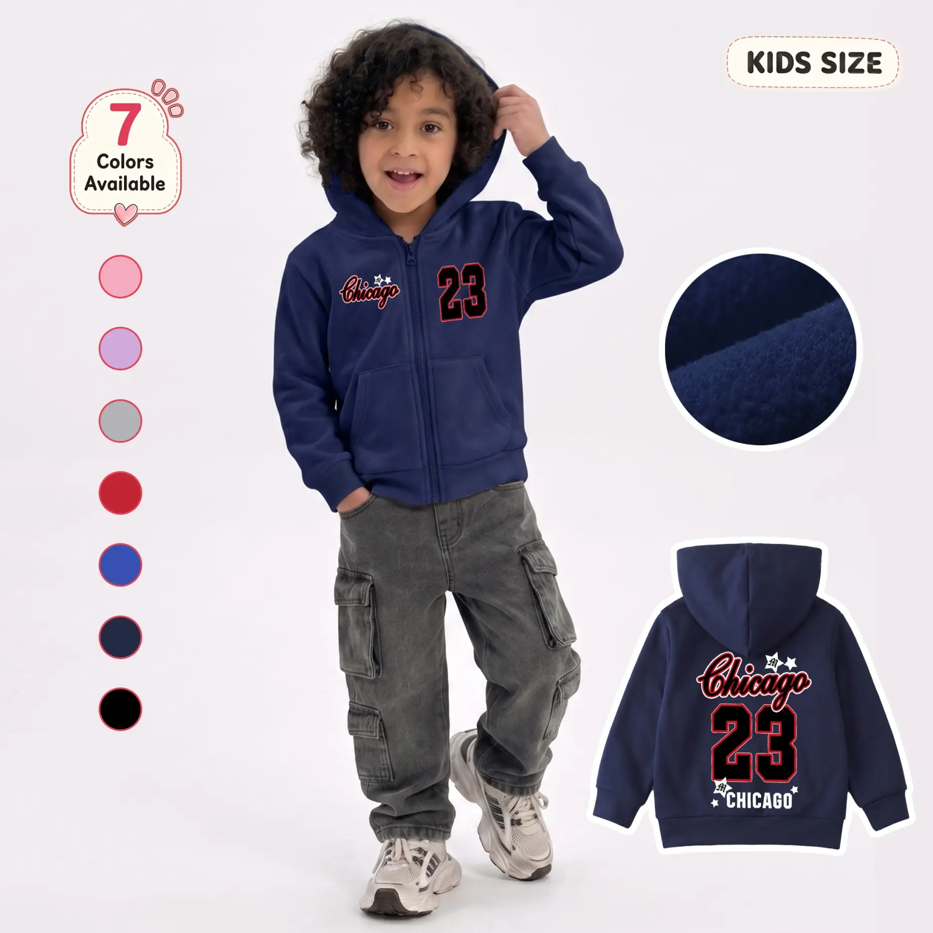 Kids’ Chicago 23 Graphic Zip-Up Hoodie, Trendy Letter and Number Print Hooded Jacket with Front Pockets and Large Back Design, Casual Long Sleeve Outerwear for School, Travel, Outdoor Play and Daily Wear