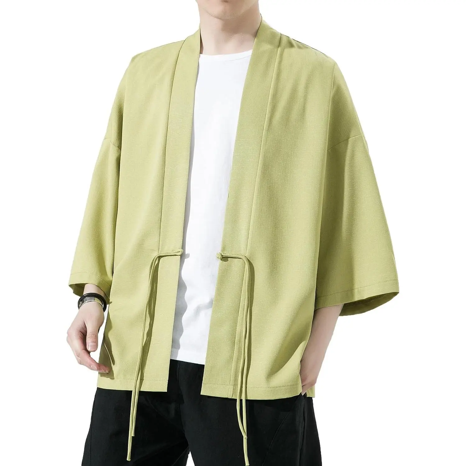 Men's Japanese Style Kimono Cardigan Jacket Cotton Linen Blend 3/4 Sleeve Solid Color Open Front Coat(Gift)
