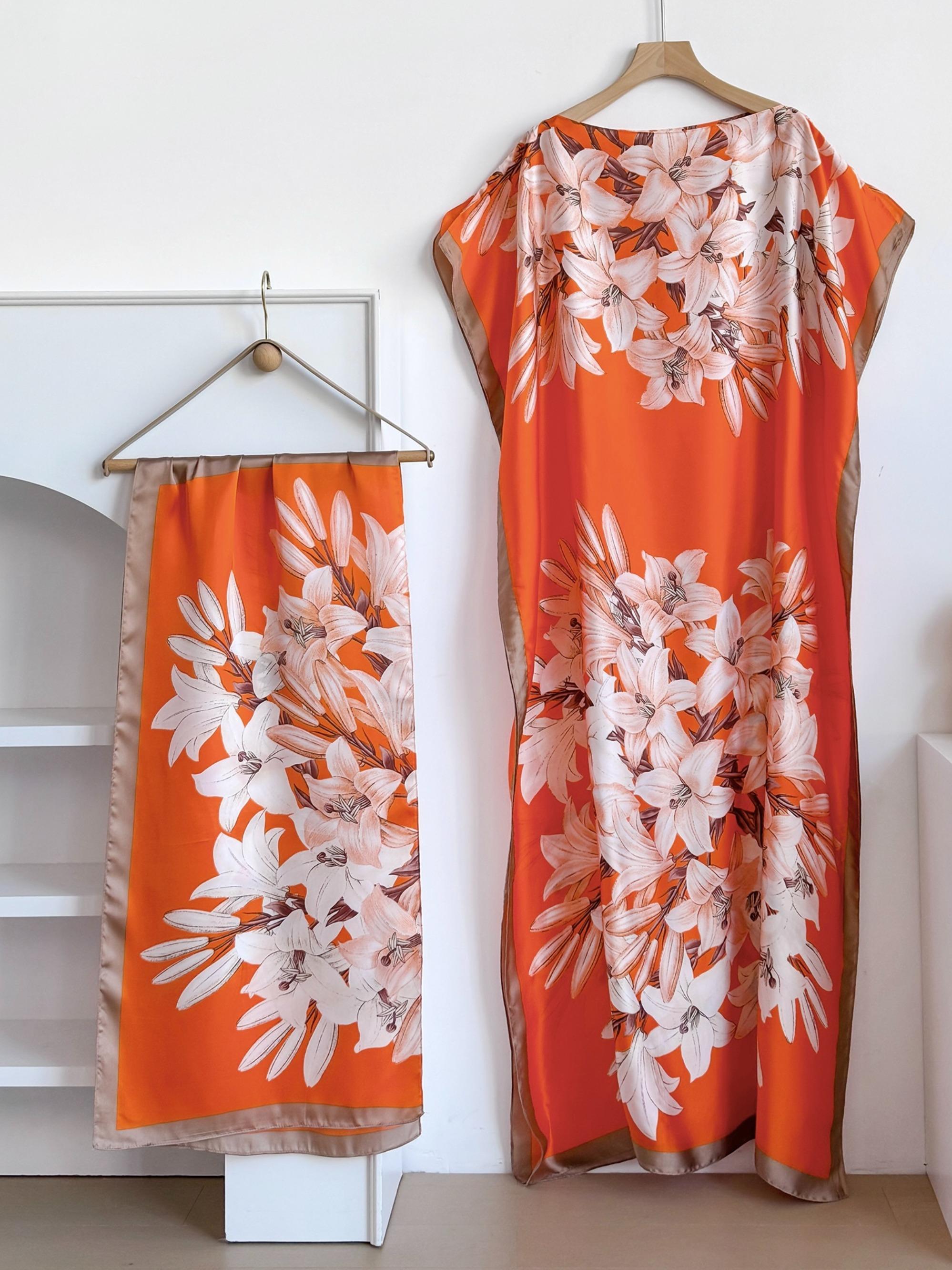 Women's Peacock Print Cape Shawl & Scarf Set, Elegant Beach Cover-Up For Holiday Vacation, Swimsuit Cover Up