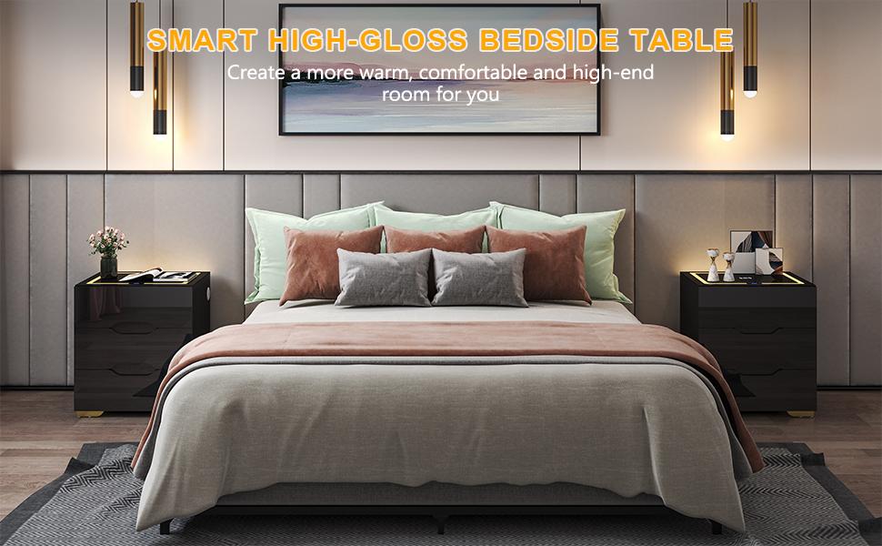 Smart Nightstand with Wireless Charging Station & Adjustable LED Lights, High Gloss End Table with 3 Drawers & USB Charging, Bedside Table Organizer for Bedroom Use