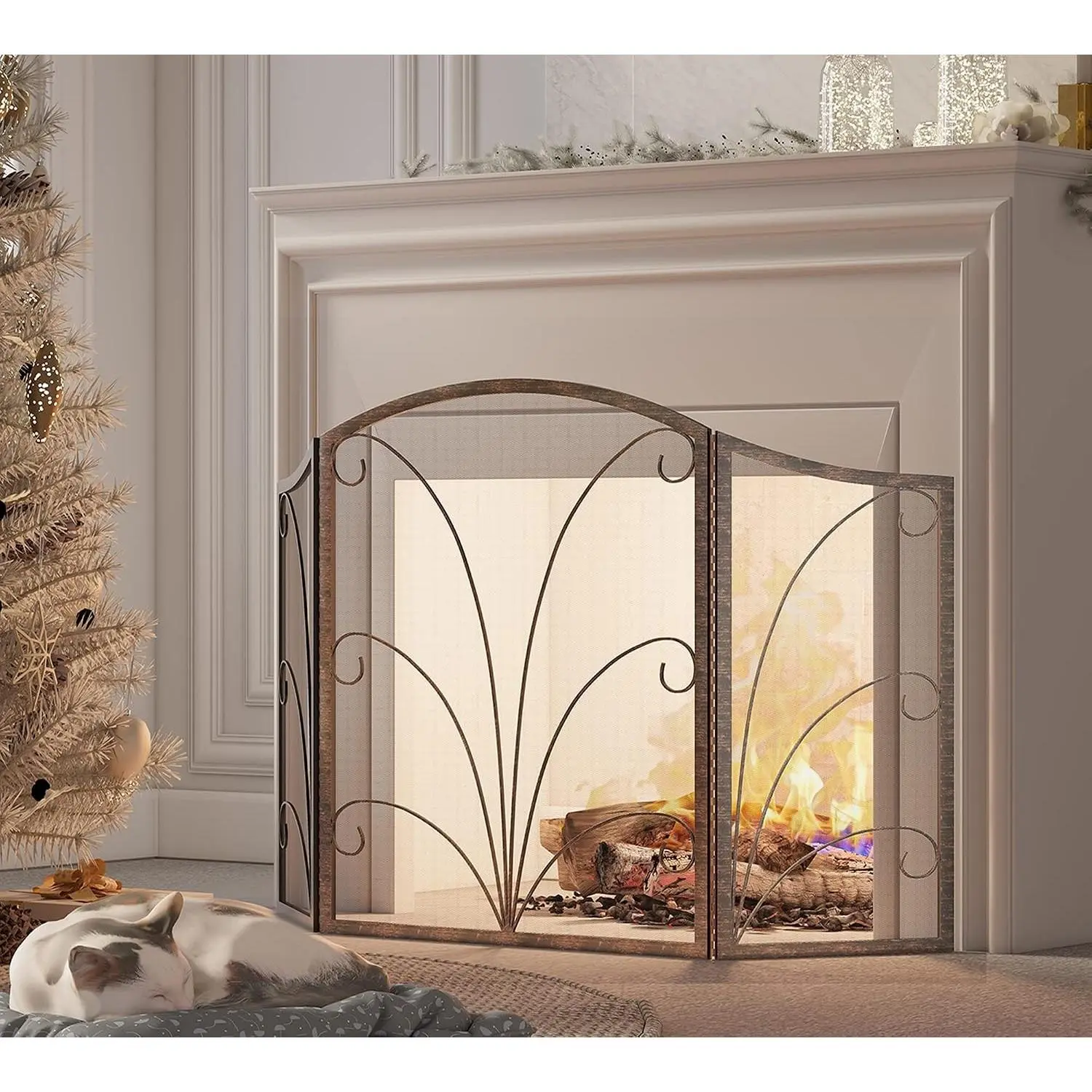 3-Panel Arched Childproof Fireplace Screen Decorative, Handcrafted Scroll Wrought Iron Fireplace Spark Guard Cover- Brushed Copper