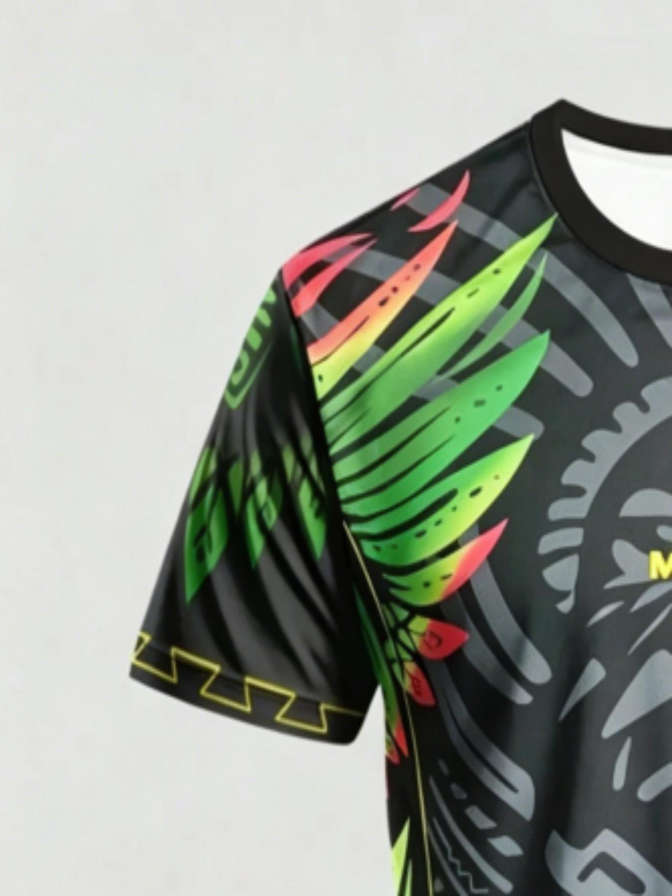 Men's Mexican Aztec Feather Sport T-Shirt, Street Style Round Neck Short Sleeve Top, Geometric Pattern, Loose Fit, All Seasons