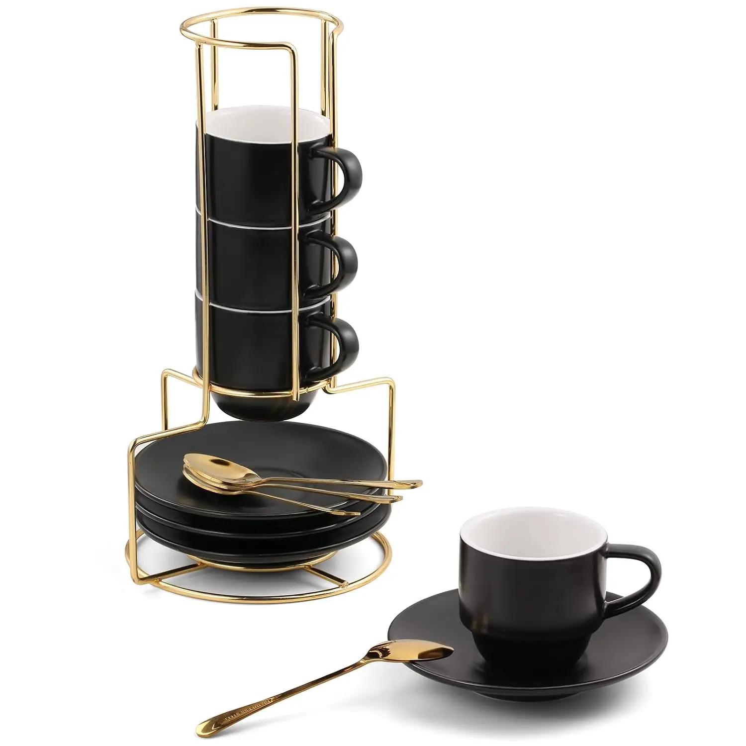 3-Ounce Espresso Cups Set of 4, Small Stackable Coffee Cups with Saucers, Spoons and Metal Stand, Ceramic Demitasse Mugs, Espresso Accessories for Machine, Black