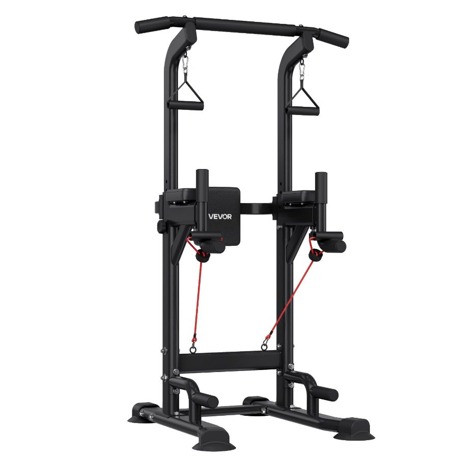 VEVOR Pull Up Bar, 330 LBS Power Tower Dip Station, Workout Dip Station with H-Shaped Stable Base Back Pad, Adjustable 12 Level Height Free Standing Chin Up Bar for Back, 4-Level Adjustable Back Pad