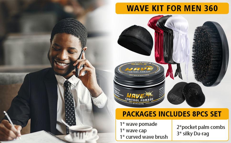Wave Pomade Hair Care Kit for Men 360 Waves Silky Shine Strong Hold Easy Wash with Curved Brush and Durag Cap Training Set Synthetic