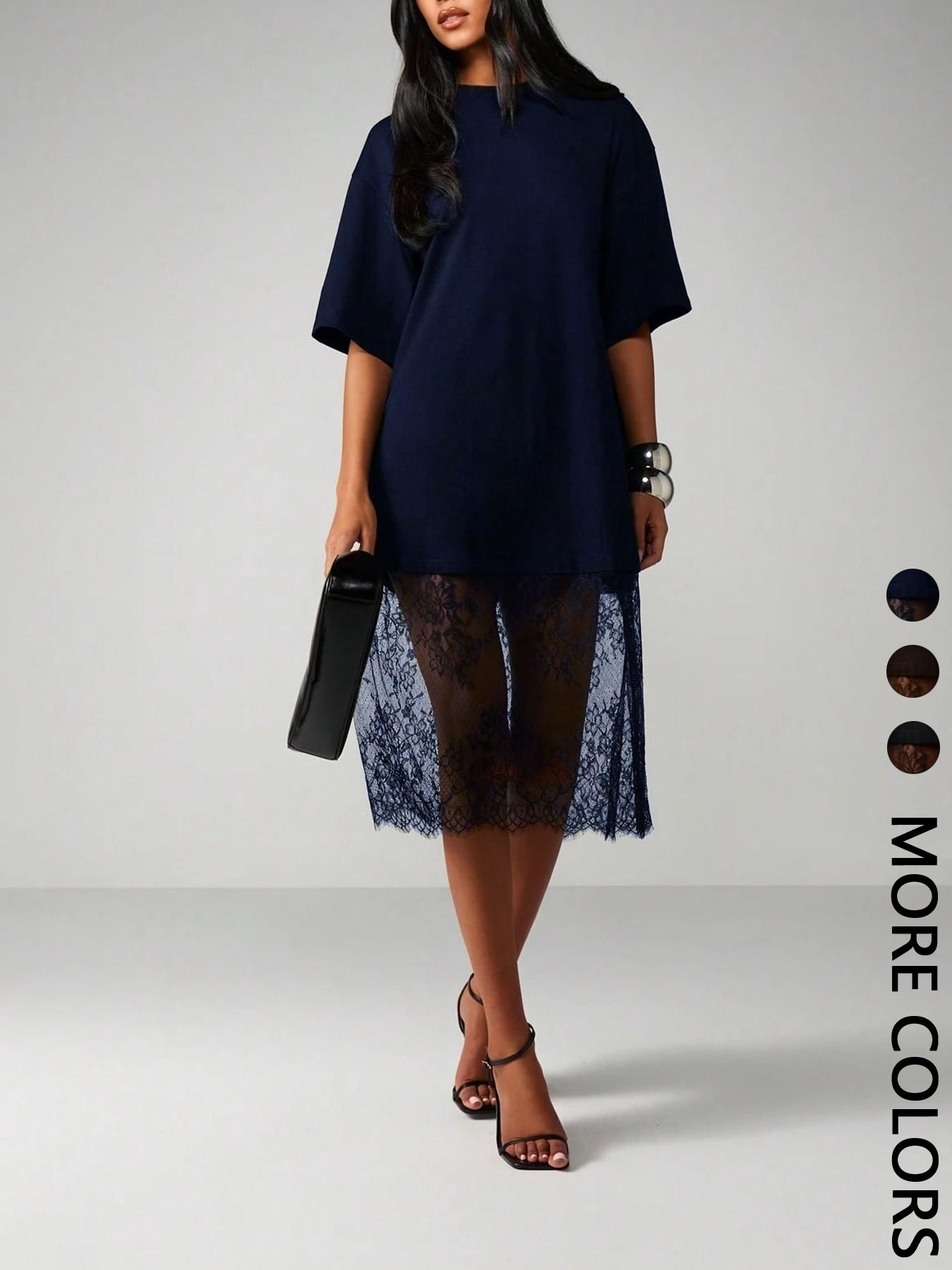 Women's Two-Layer T-Shirt Dress, Womenswear, Crew Neck, Oversized Short Sleeve Knitted Outer, Patchwork, Sheer Floral Lace Midi Underlayer, Soft Breathable Fabric, Casual Daily, Date Night & Party Wear, Edgy Dark Feminine Style