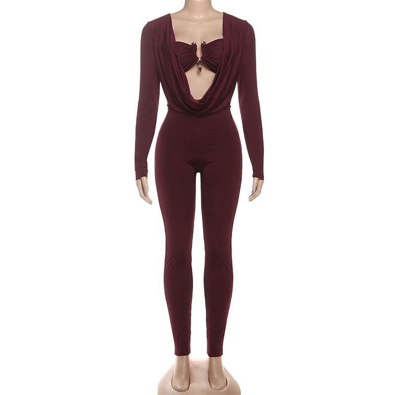 DOUCIU Autumn Street Personality Basic Solid Color Sports Casual Tight Sexy Hot Women'S Thin Long Sleeve Hollow Metal Decoration Body Shaping Jumpsuit Trousers