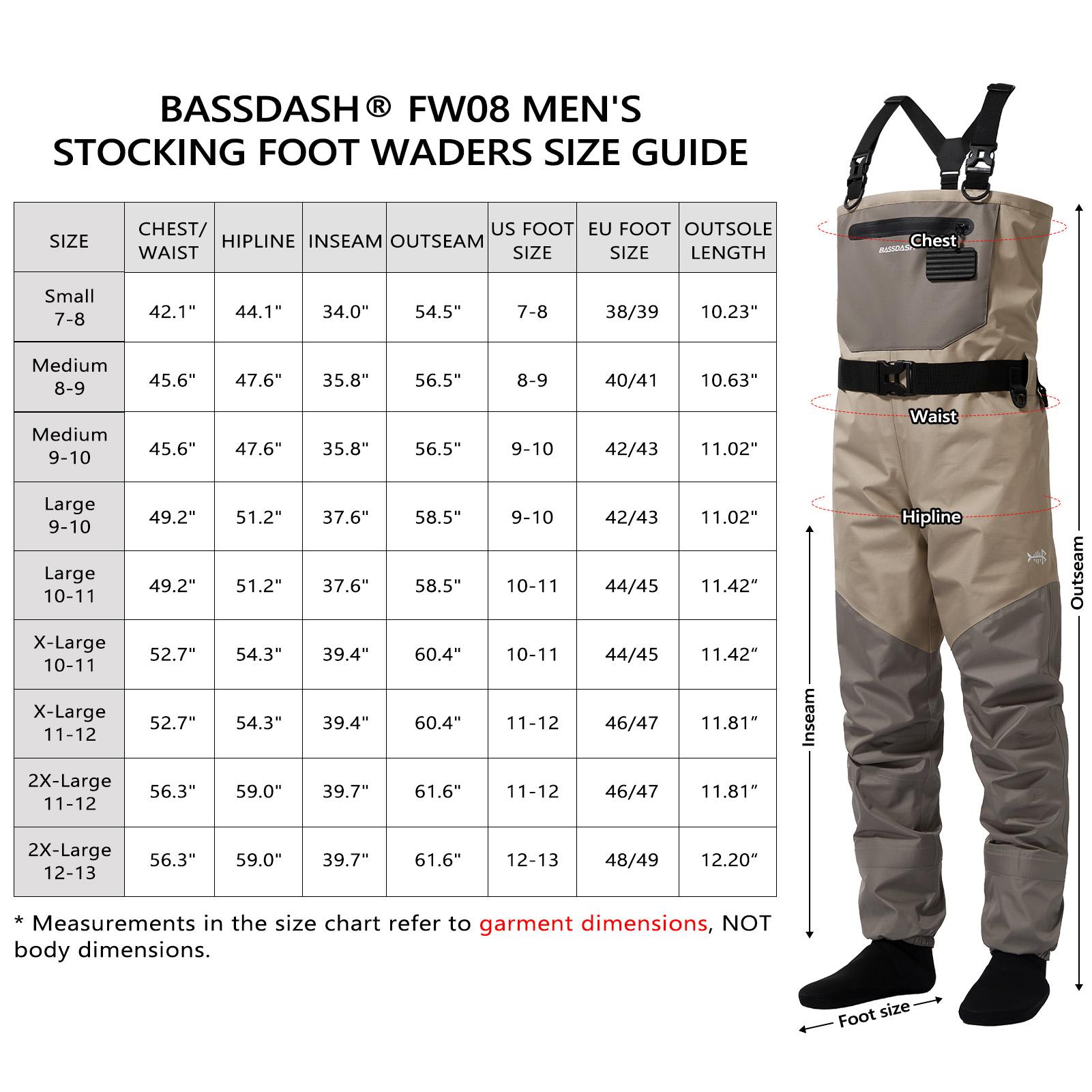 BASSDASH FW08 Men’s Breathable Waders Waterproof Fly Fishing Chest Fishing Wader Lightweight Stocking Foot Boot Foot