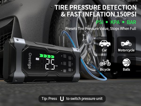 9000A Car Battery Jump Starter with Air Inflator/Deflator Compressor, 7 in 1 Portable Jumper Box Power Pack (ALL Gas/12.0L Diesel) Combo Cordless Air Pump for Tire Inflator & Large LCD Screen Portable Car