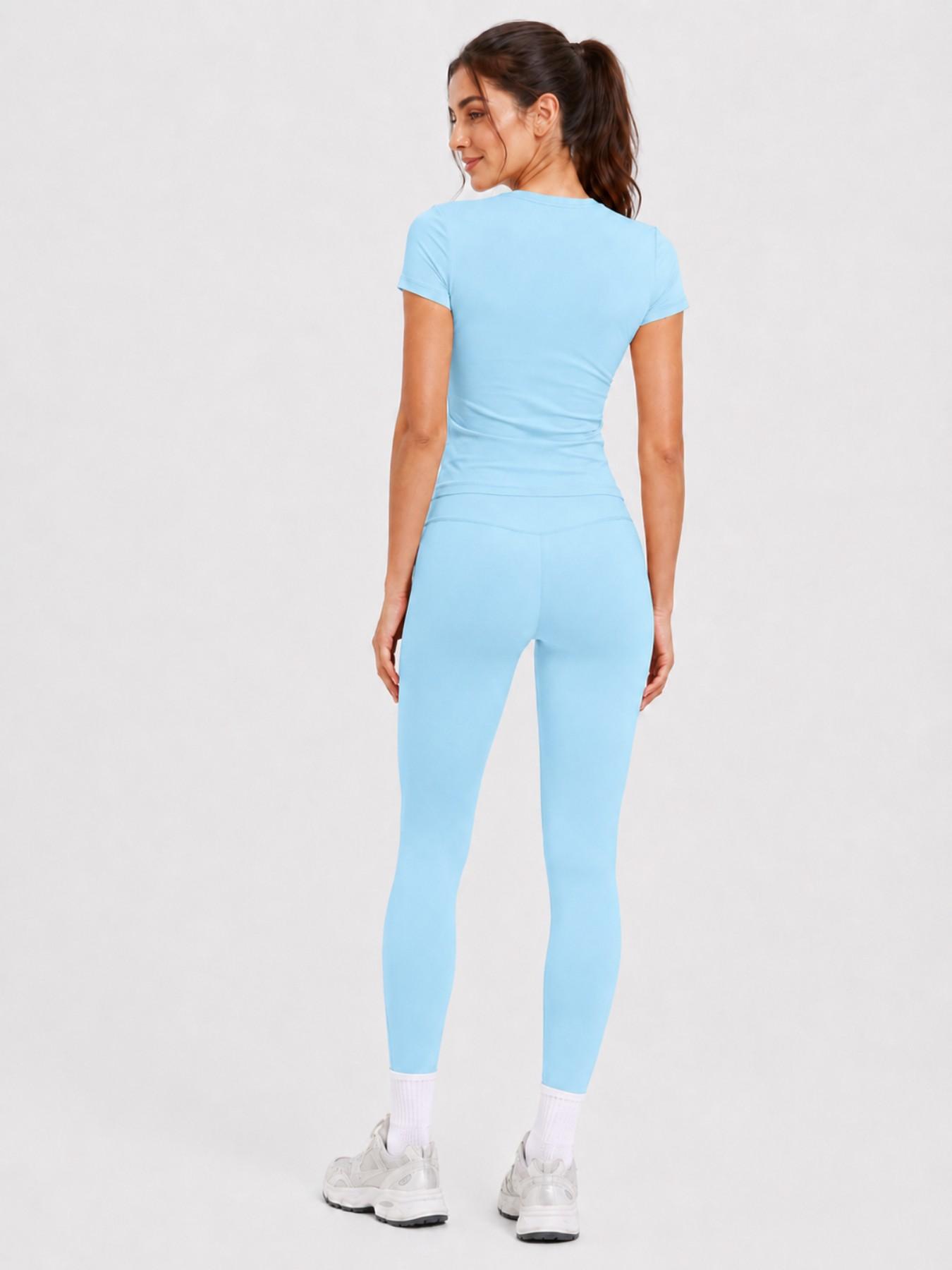 Women's 2 Piece Workout Outfit Sets, Short Sleeve Crew Neck Crop Top & High Waist Yoga Leggings, Casual Athletic Fitness Activewear Tracksuit