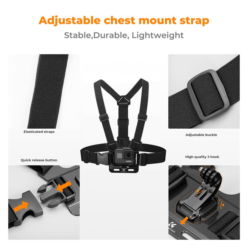 [K&F CONCEPT]Accessories Set for GoPro Hero 13/12/11/10/9/8/7/6/5/4/DJI Osmo Action Series/Pocket 3/2/Insta360 X5/X4/X3, Chest Harness+Backpack Clip+360 Rotating Head Mount and Wrist Strap