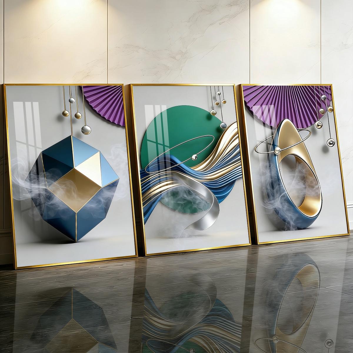 3 Counts Aluminum Alloy Framed Painting, Geometric Abstract Metallic Shapes And Smoke Art Pictures, Home Decoration For Living Room, Bedroom, Office, Restaurant, Hallway Wall Decor, Odorless Print Artwork, Luxury Perfect Gift For Friends And Family