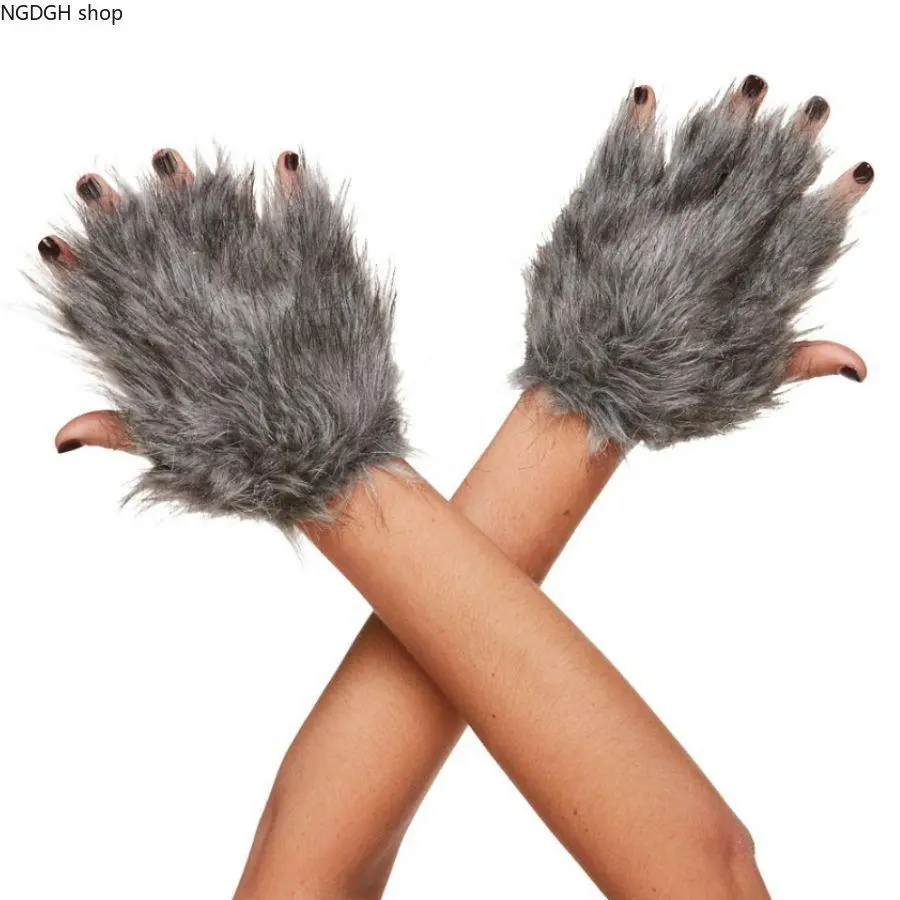 Faux Fur Werewolf Paw Gloves, Realistic Grey Wolf Monster Fingerless Mittens for Halloween Cosplay Costume, Fluffy Shaggy Furry Wrist Warmer for Anime Comic Con, Novelty Gag Gift for Men Women Youth