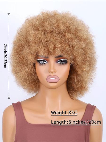 Blonde Afro Kinky Curly Wig, 180% Density Human Hair Machine Made Wigs with Bangs, Short Fluffy Wigs for Black Women, Cosplay & Daily Wear