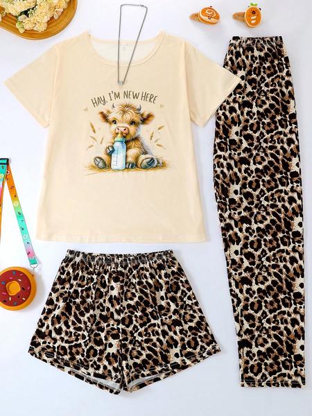 Women's Casual Pajama Set, Round Neck Short Sleeve Top & Elastic Shorts/pants, Leopard & Highland Cow Print, All-Season Wear