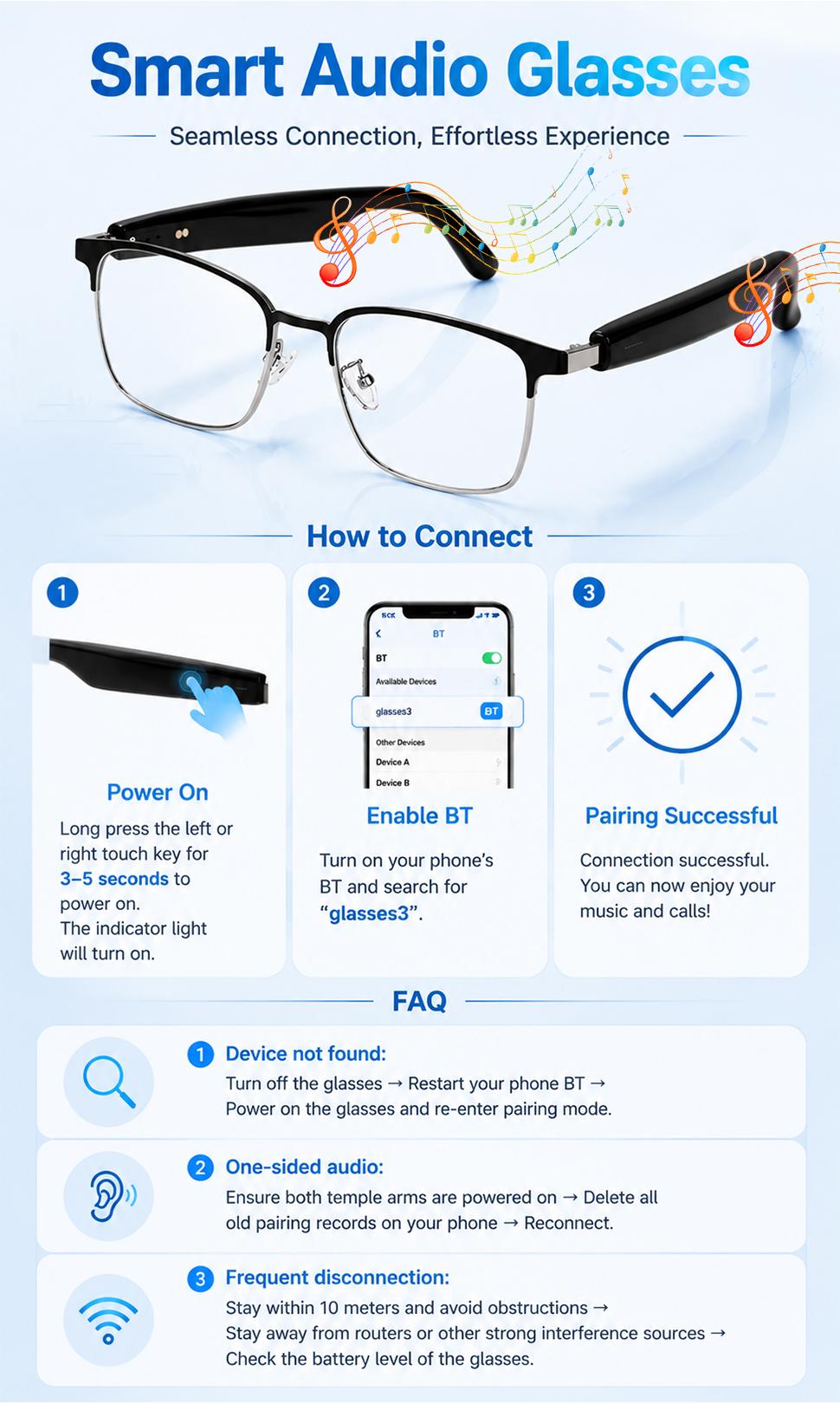 Bluetooth Audio Smart Glasses with Touch Control & Voice Assistant, Photochromic Outdoor Sunglasses, Open Ear Music & Hands-Free Calls, Blue Light Blocking Eyeglasses for Work Travel, Wireless Audio Glasses, Wireless Audio Eyewear
