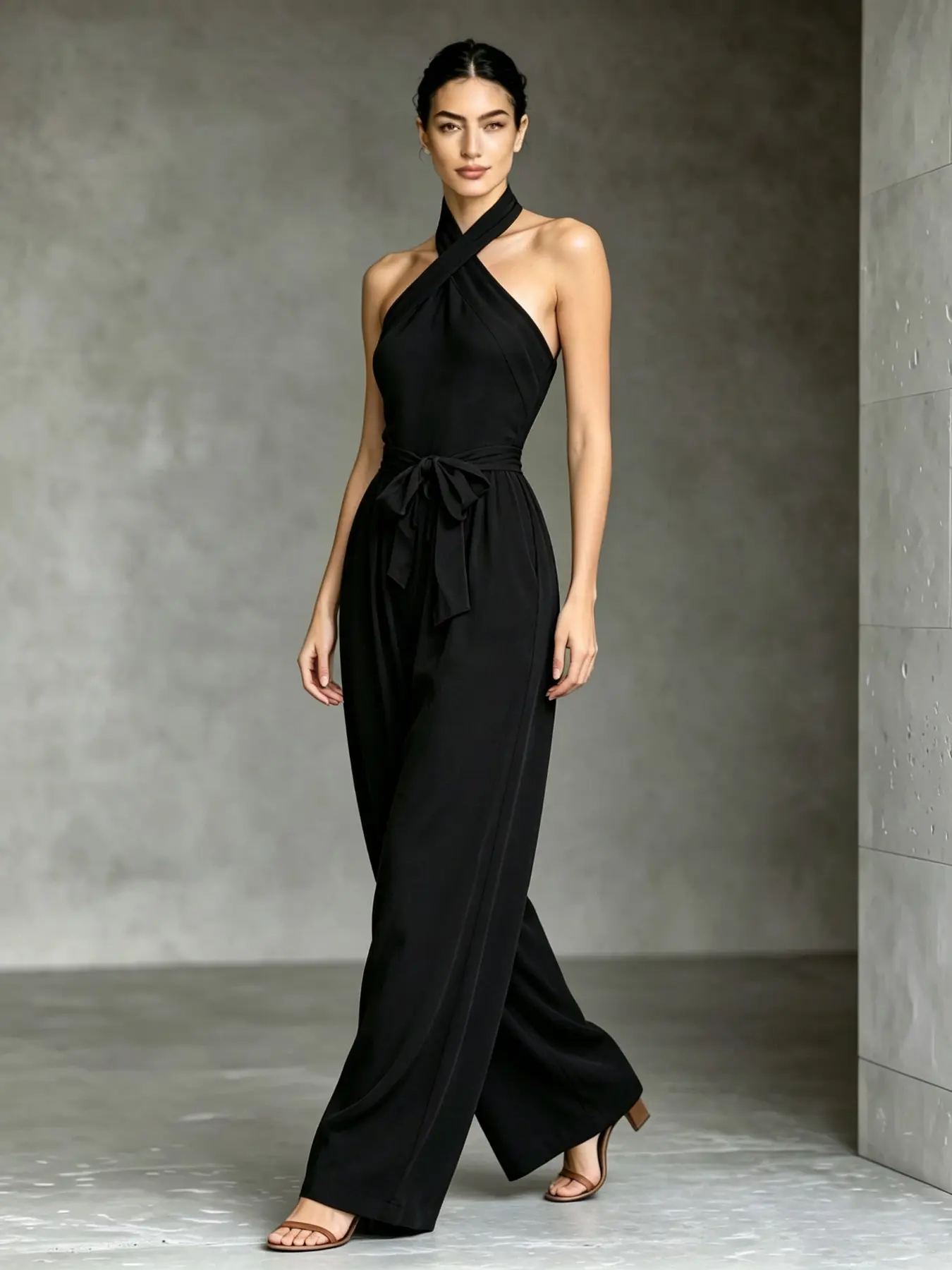 C3977 Quiet Luxury Soft Life Co-Ord Jumpsuit, Women Cross Wrap Halter Athleisure One-Piece, Self Tie Waist Hidden Pockets Flowy Wide Leg Clean Girl Daily Resort Outfit.