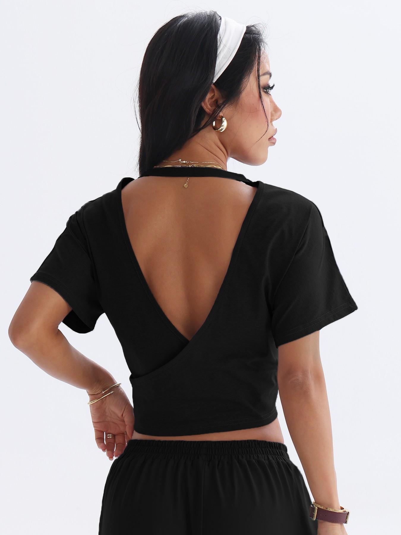 Women's Back Cross Cut-Out Elastic Short Sleeve T-Shirt, Hollow Back Activewear, Gym Workout Running Outdoor Casual Hiking Tennis Daily Commute Top