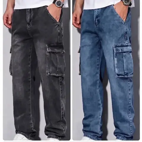 Men's Washed Black & Blue Plain Cotton Cargo Jeans Slim Straight Retro Streetwear Utility Pants, Fall Casual Skater Bottoms with Multi Pockets (Menswear Male Clothing)