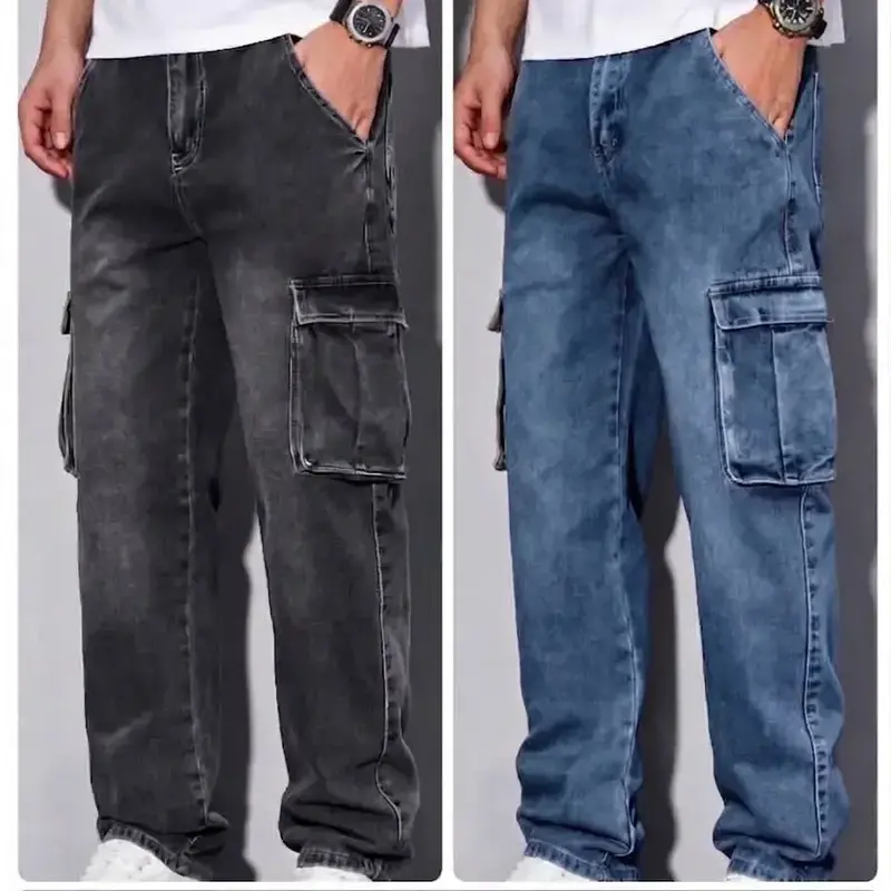 Men's Washed Black & Blue Plain Cotton Cargo Jeans Slim Straight Retro Streetwear Utility Pants, Fall Casual Skater Bottoms with Multi Pockets (Menswear Male Clothing)