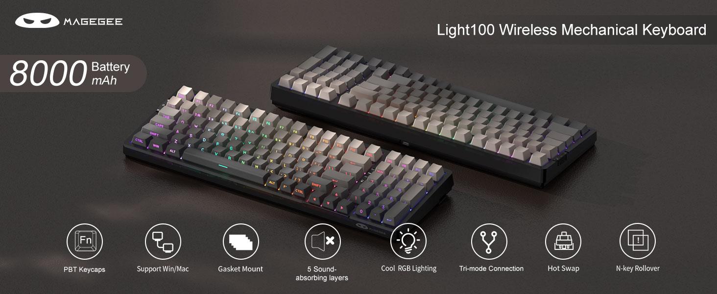 MAGEGEE Light100 Wireless Creamy Ergonomic Keyboard, 96% Gasket Hot Swappable Mechanical Keyboard, 3Connection Modes, RGB Backlit Gaming Keyboard for Win/Mac/PC, Tech Gadgets, Mechanical Keyboards
