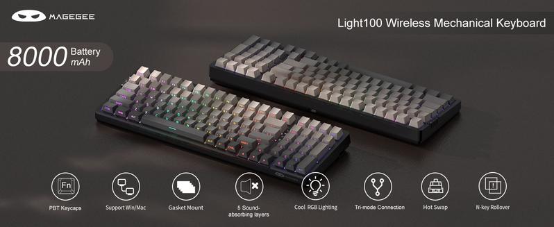 MAGEGEE Light100 Wireless Creamy Ergonomic Keyboard, 96% Gasket Hot Swappable Mechanical Keyboard, 3Connection Modes, RGB Backlit Gaming Keyboard for Win/Mac/PC, Tech Gadgets, Mechanical Keyboards