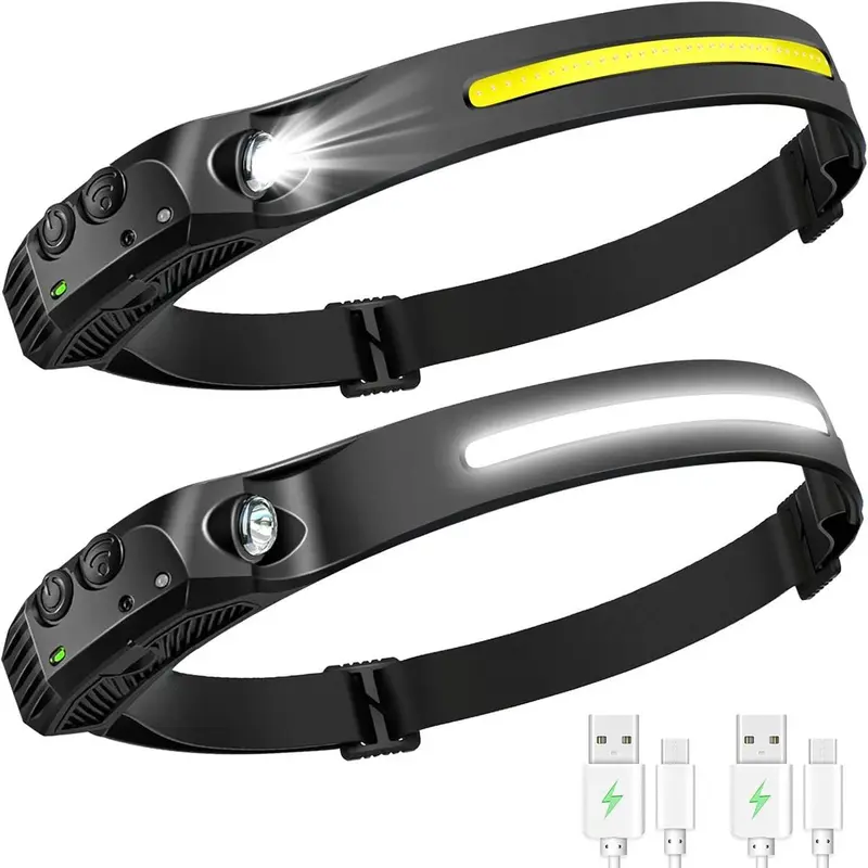 Rechargeable Headlight, Lightweight Waterproof Rechargeable LED  2 COB 230°Wide Beam Headlight with Motion Sensor Bright 5 Modes, Hard hat Light for Adults, USB C Headband Flashlight for Work, Hiking, Running, Camping Essentials Gear Rechargeable