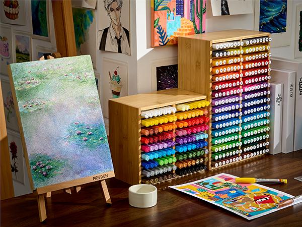 MEEDEN Bamboo Marker Organizer for Desk: Holds 224 Pens with 32 Compartments- Art Supply Storage & Holder for Alcohol Markers，Pens，Pencils