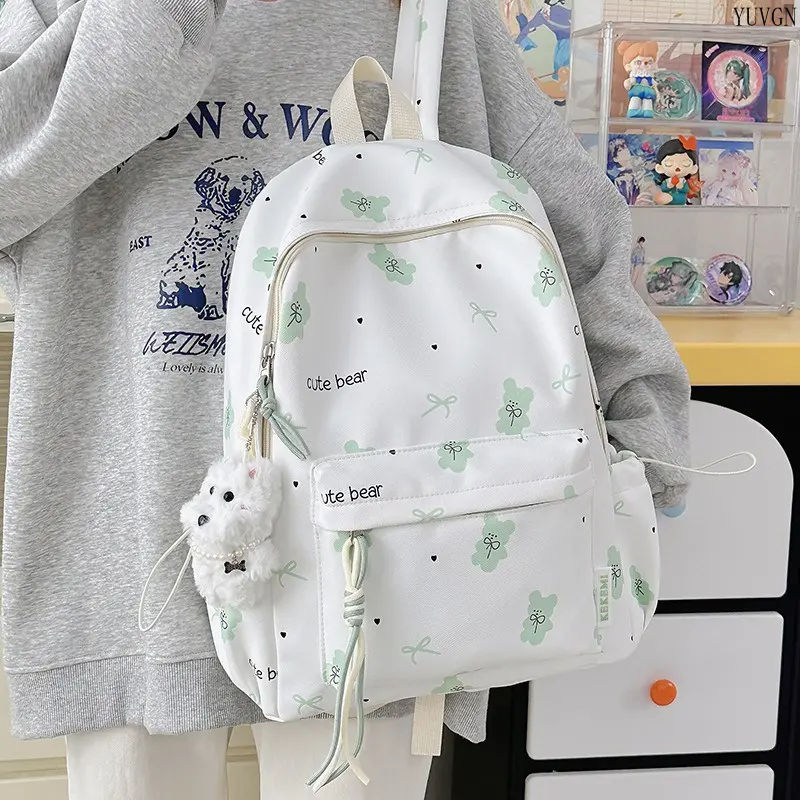 Cute Bear Bow‑Print Backpack for Women, Lightweight Nylon School Bookbag, Spacious Multi‑pocket Casual Daypack, Aesthetic Kawaii Shoulder Bag, Great for Campus Study, Daily Commute, Shopping, Travel and Outdoor Activities