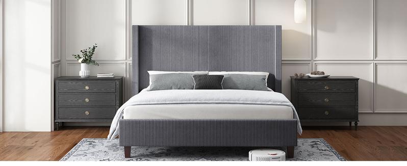 VanAcc Upholstered Platform Bed Frame, Wingback Bed with 50.8" Headboard, Modern Corduroy Design, Solid Wood Leg/No Box Spring Needed, Unique Bedroom Furniture