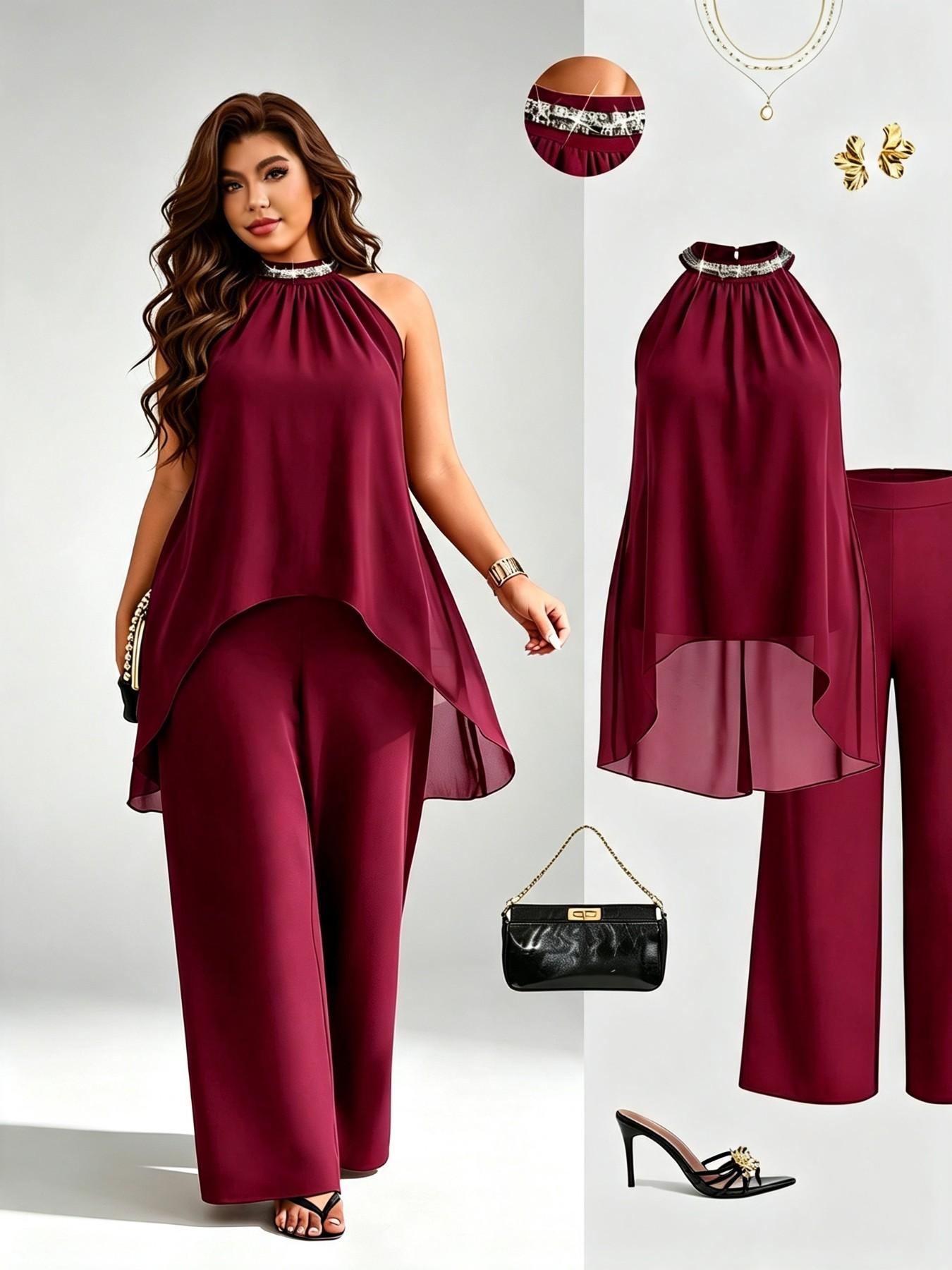 Luxury Party Style Aesthetic Plus Size Two-Piece Set, Ruched Halter Neck Sequin Top, Sleeveless Chiffon Blouse, Loose Fit Slimming Wide Leg Pants Set