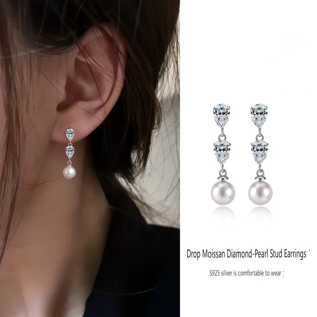 S925 sterling silver teardrop stud earrings with D color VVS moissanite and pearls; unique design, light luxury high-end feel; women’s moissanite jewelry earrings