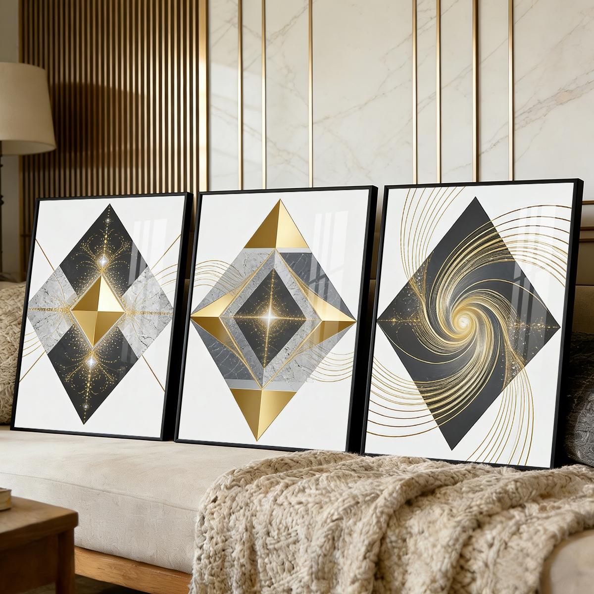 3 Counts Aluminum Alloy Framed Painting, Geometric Gold And Marble Abstract Art Pictures, Home Decoration For Living Room, Bedroom, Office, Restaurant, Hallway Wall Decor, Odorless Print Artwork, Luxury Perfect Gift For Friends And Family