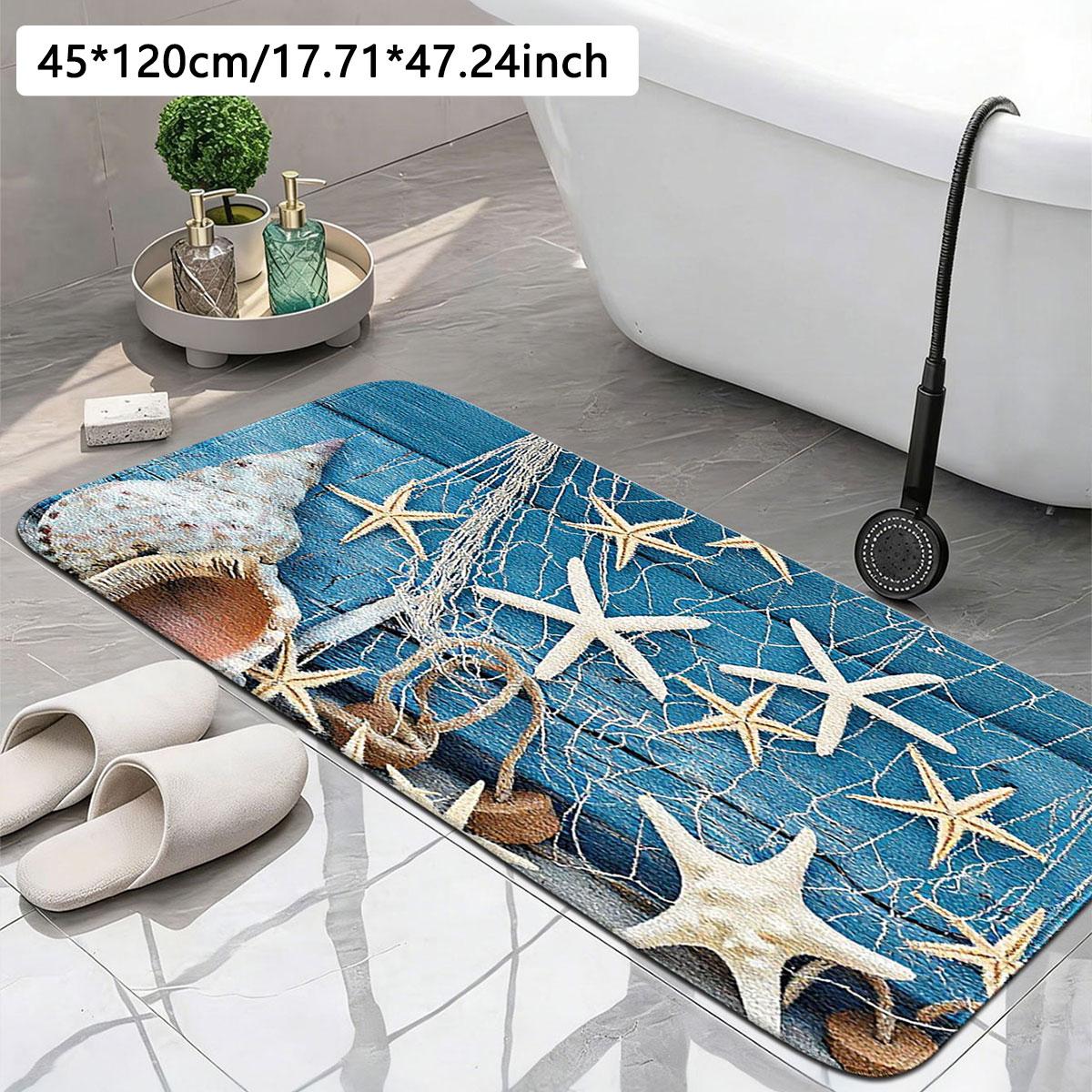 Ocean Theme Starfish Seashell Bath Mat, Blue Wood Print, Thick Faux Wool, Skin-Friendly, Non-Slip, Absorbent, Durable, Easy Clean, All Seasons