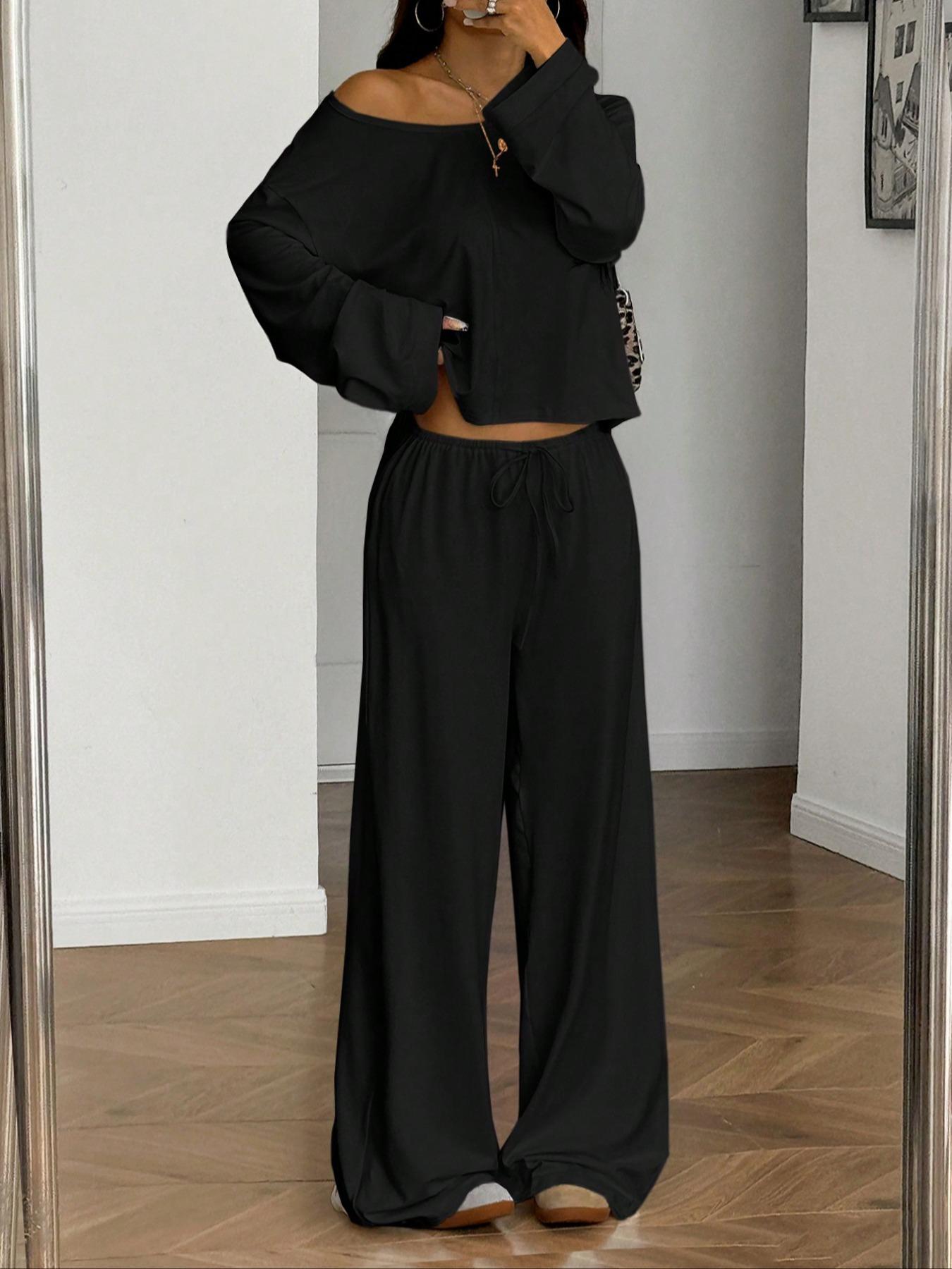 Women's 2 Piece Matching Lounge Set Off The Shoulder Long Sleeve Top and Drawstring Wide Leg Pants Casual Sweatsuit