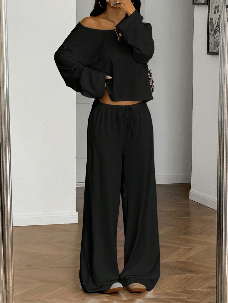 Women's 2 Piece Matching Lounge Set Off The Shoulder Long Sleeve Top and Drawstring Wide Leg Pants Casual Sweatsuit