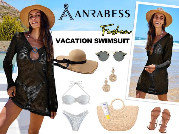 ANRABESS Women Summer Beach Cover Ups Swimsuit Crochet Swimwear Bathing Suit Knit Hollow Out Long Sleeve Pullover Beach Dress