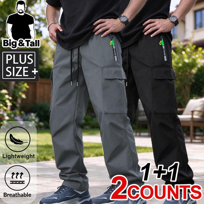 2PC Men's Plus Size Loose Casual Pants, Plus Size Elastic Drawstring Waist Multi Pocket Sports Pants, Breathable Outdoor Hiking and Fitness Bottoms, Deep Phone Pockets for Extended Inner Length for Daily Wear
