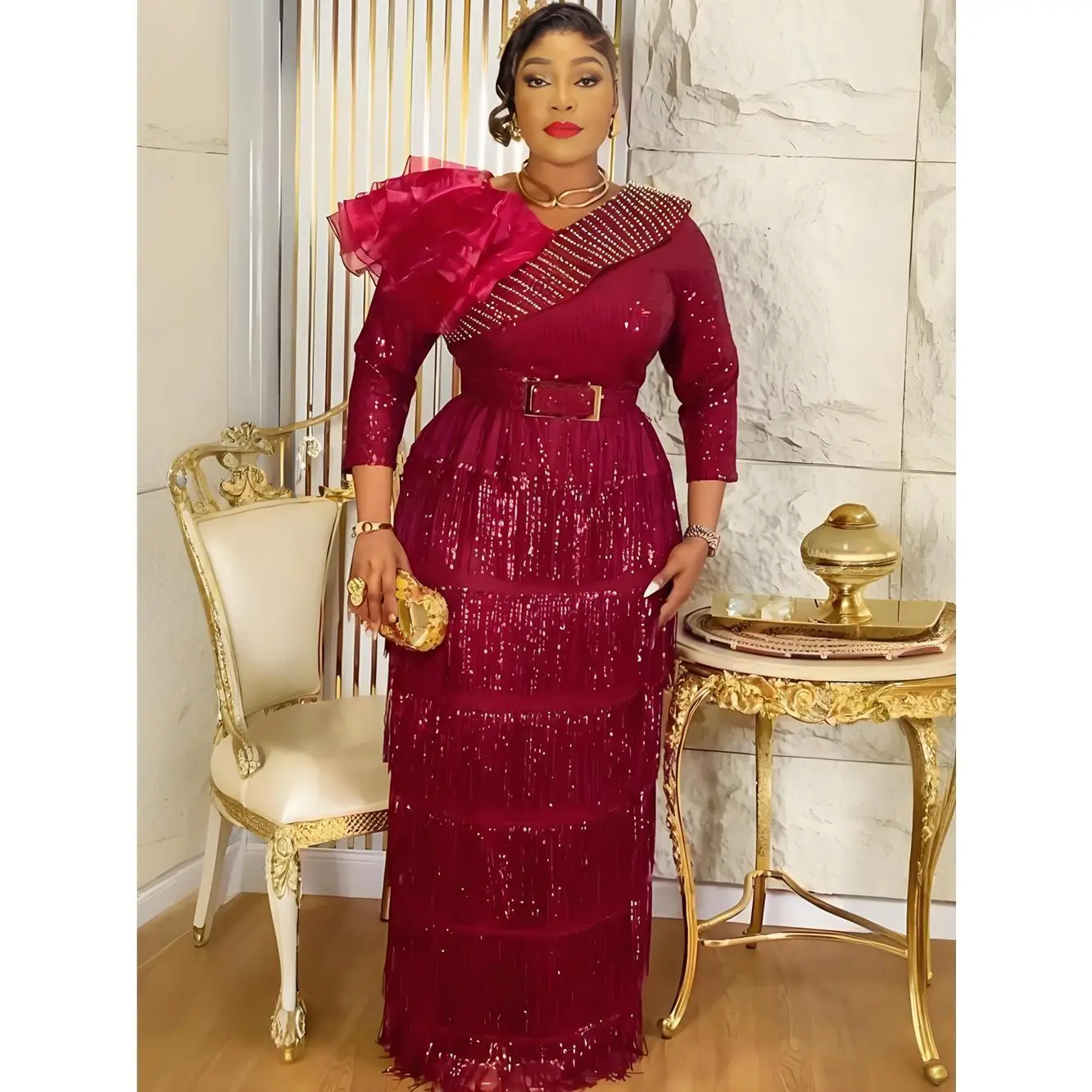 Plus Size African Party Dresses for Women 2025 New Dashiki Tassel Sequin Wedding Evening Gown Elegant Turkey Muslim Maxi Dress