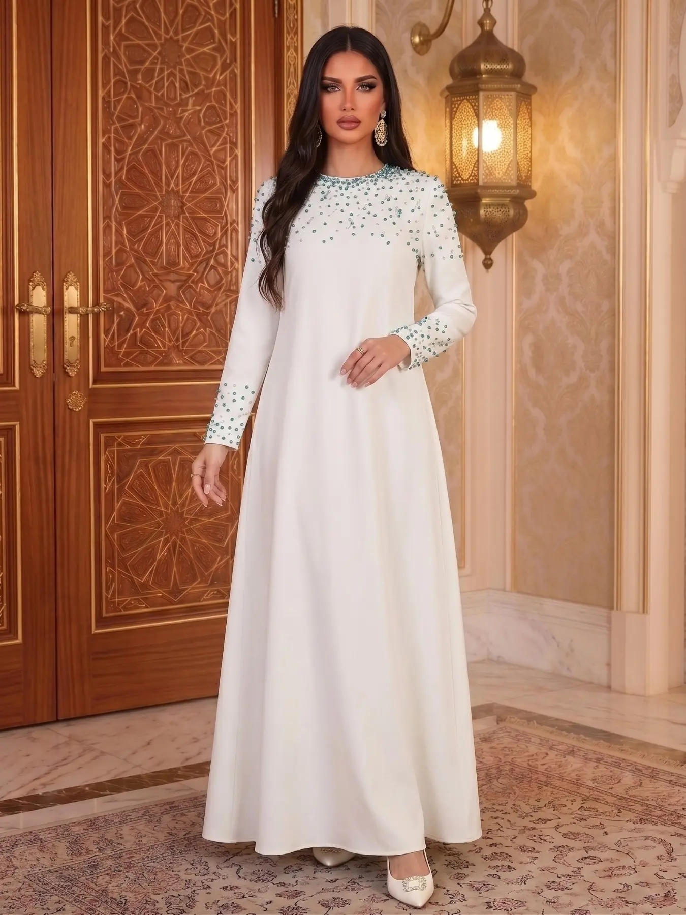 Elegant Minimalist Rhinestone Robe, Full-Length Transparent Lake Blue Hand-Embroidered Beads, Bride Daily Luxury Abaya Dress