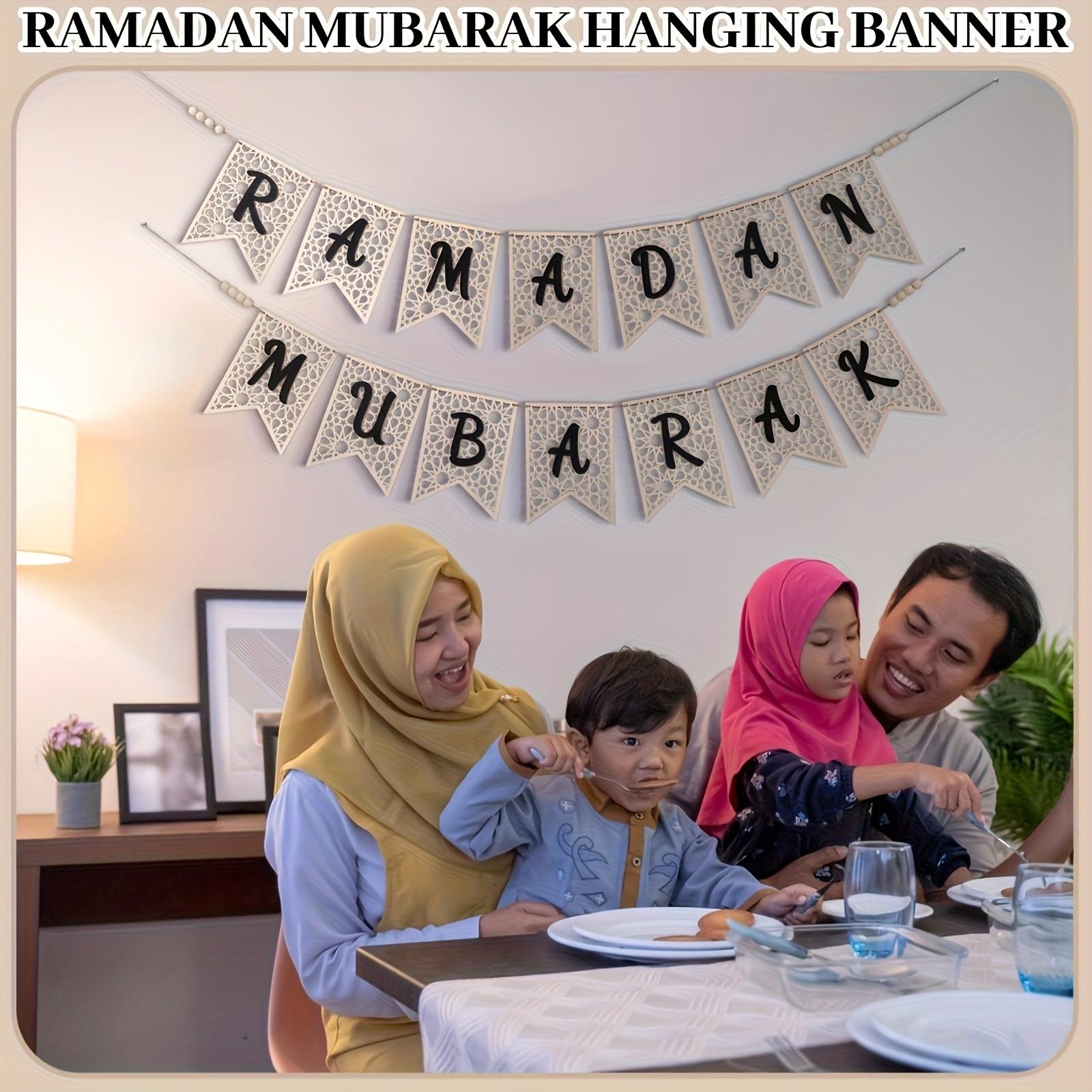 Eid Mubarak Wooden Banner Set, Festive Decoration with Bead Embellishments, Indoor & Outdoor Muslim Party Decor, Home Fireplace Display
