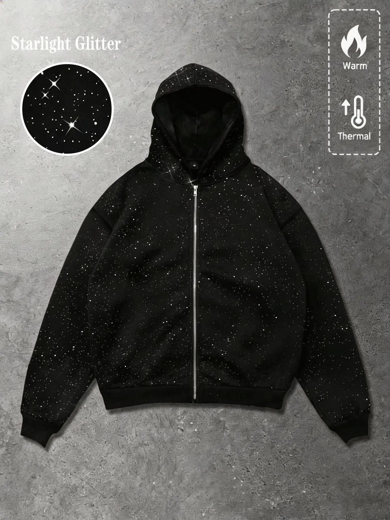 Glittery, fleece-lined, warm, zip-up hooded cardigan/sweatshirt; all-over glitter, full zip-up men's jacket, black, loose fit, casual, unisex, suitable for everyday wear, high-street fashion, trendy street style.