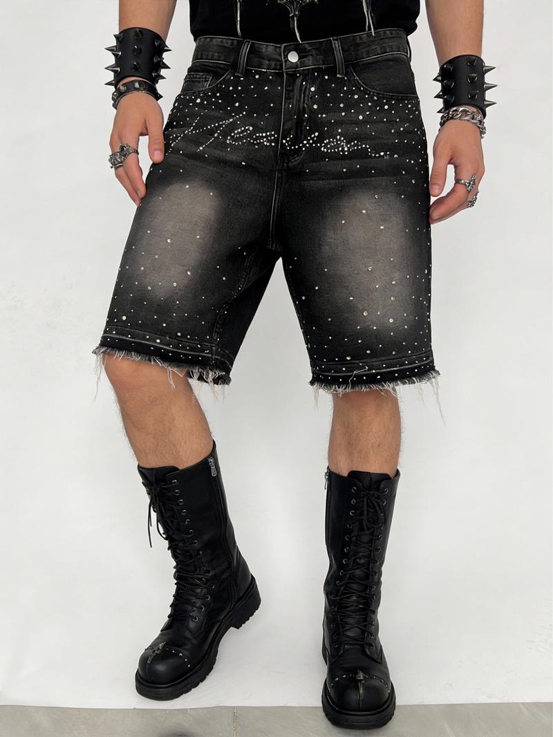 Men's shiny rhinestone-embellished denim shorts, black-gray washed denim five-point shorts, decorated with full silver rhinestones, straight-leg frayed design balances personality and versatility, Y2K street fashion shorts